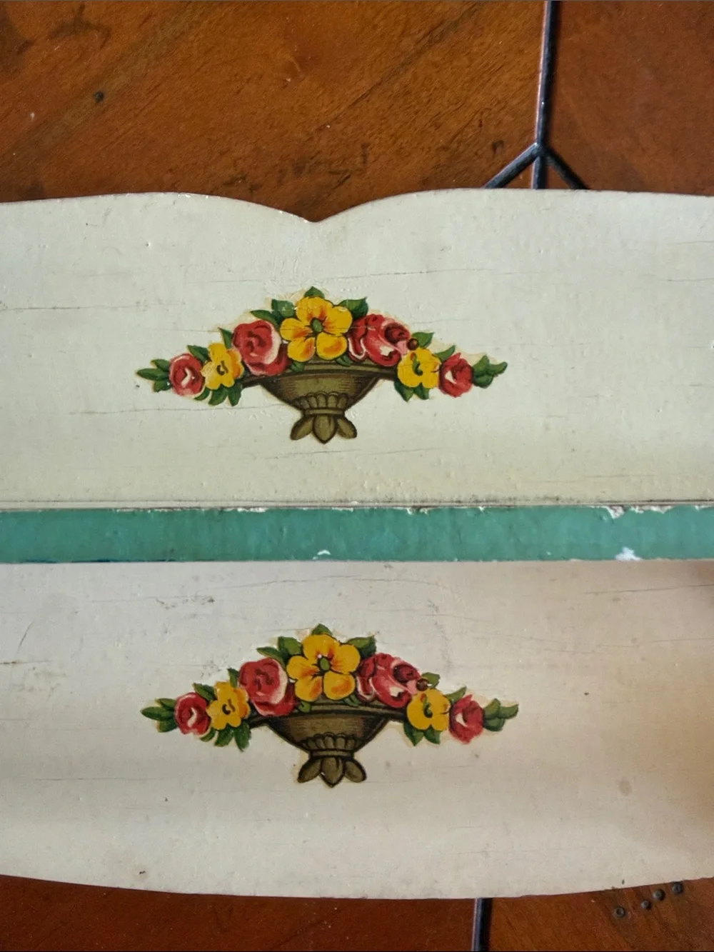 Antique 1930’s Cream Wall Shelf with Green Trim and Floral Motifs
